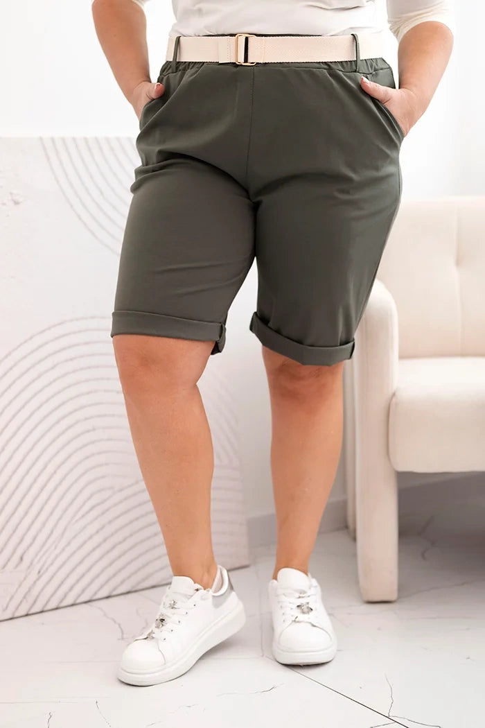 Spodenki damskie bawełniane Plus Size z paskiem khaki , , , Moda Life Polska , 33113_3 , ART52231