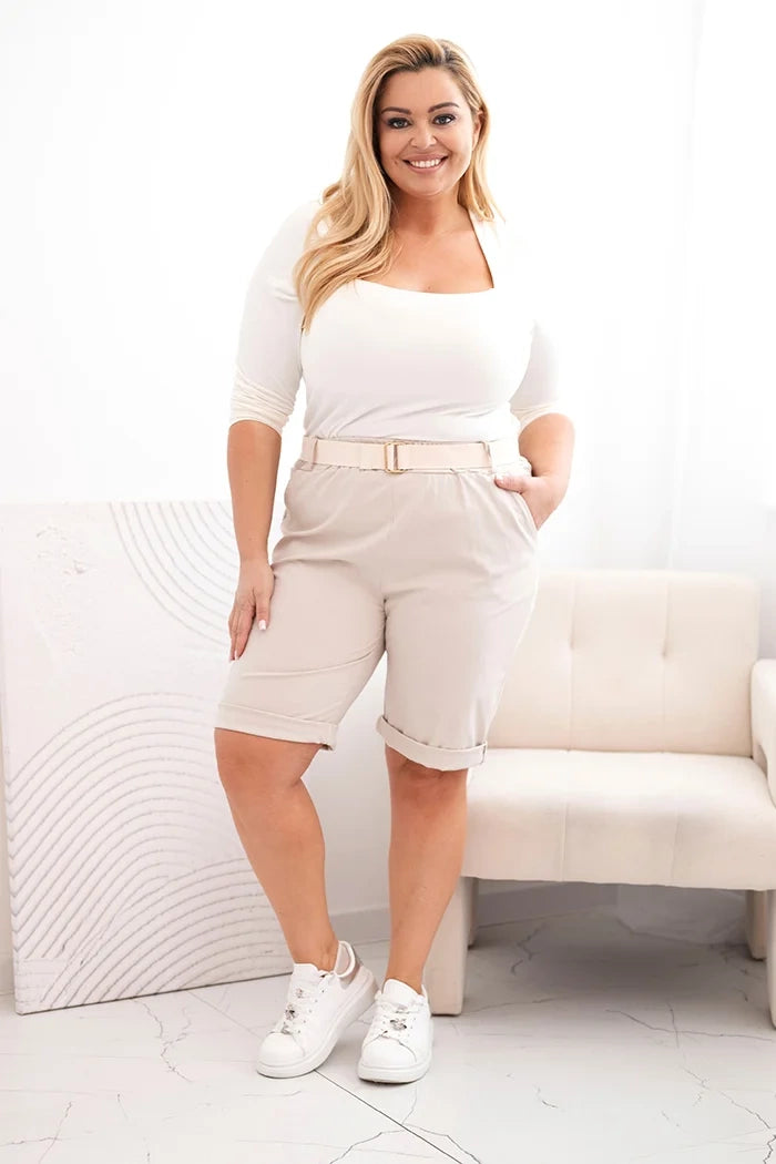 Spodenki damskie bawełniane Plus Size z paskiem , Beżowe , Spodenki , IT , 33114_1 , ART52231 Moda Włoska Nowości Odzież Damska plussize Spodenki Wszystkie Produkty