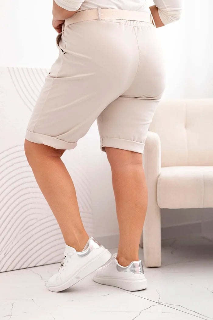 Spodenki damskie bawełniane Plus Size z paskiem , Beżowe , Spodenki , IT , 33114_2 , ART52231 Moda Włoska Nowości Odzież Damska plussize Spodenki Wszystkie Produkty