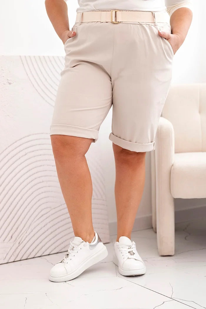 Spodenki damskie bawełniane Plus Size z paskiem , Beżowe , Spodenki , IT , 33114_4 , ART52231 Moda Włoska Nowości Odzież Damska plussize Spodenki Wszystkie Produkty