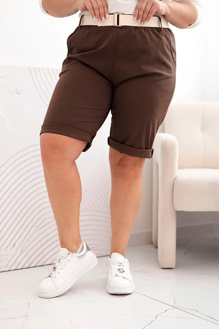 Spodenki damskie bawełniane Plus Size z paskiem brązowe , , , Moda Life Polska , 33117_3 , ART52231