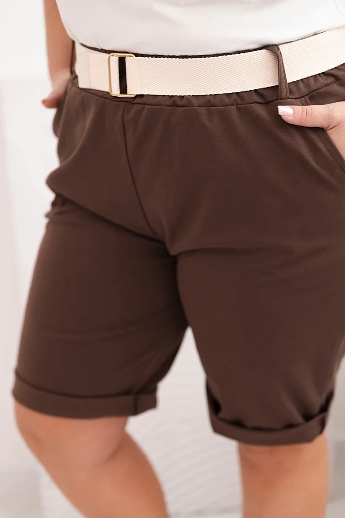 Spodenki damskie bawełniane Plus Size z paskiem brązowe , , , Moda Life Polska , 33117_4 , ART52231