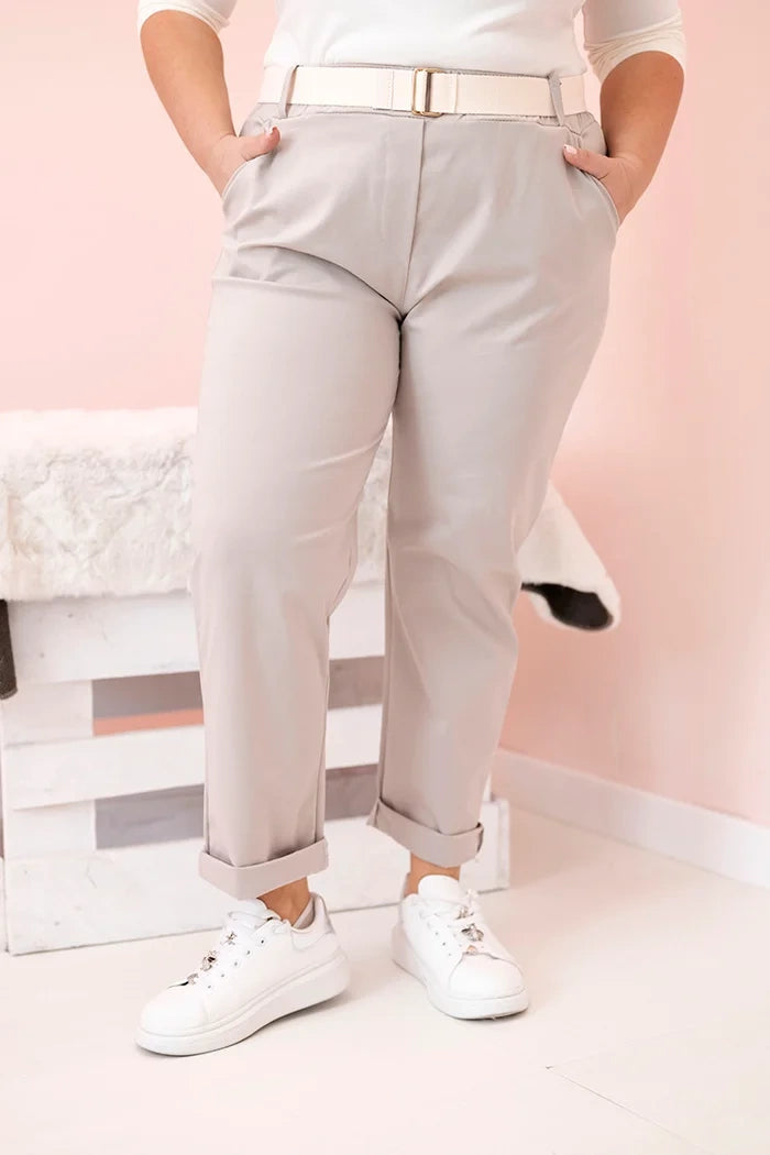 Spodnie damskie bawełniane Plus Size z paskiem , Ciemno beżowe , Spodnie , IT , 33119_4 , ART52293-4 Moda Włoska Nowości Odzież Damska plussize Spodnie wiosna Wszystkie Produkty