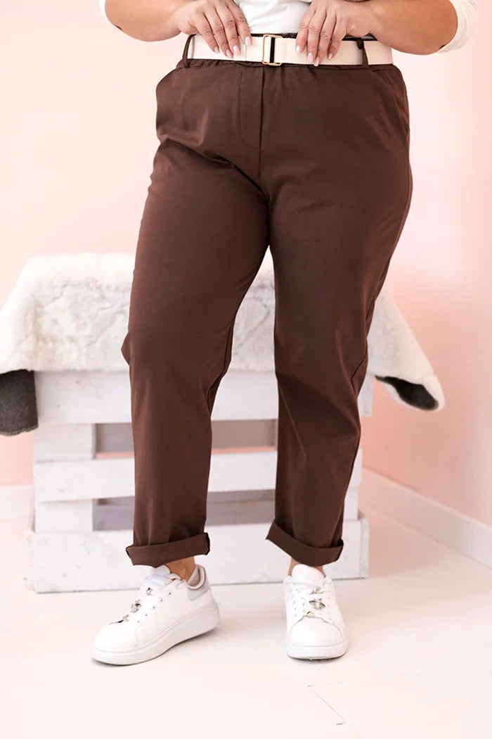 Spodnie damskie bawełniane Plus Size z paskiem brązowe , , , Moda Life Polska , 33120_2 , ART52293-4