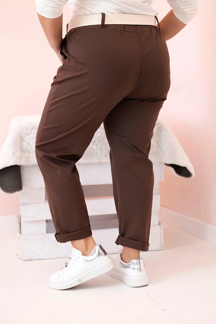 Spodnie damskie bawełniane Plus Size z paskiem brązowe , , , Moda Life Polska , 33120_3 , ART52293-4
