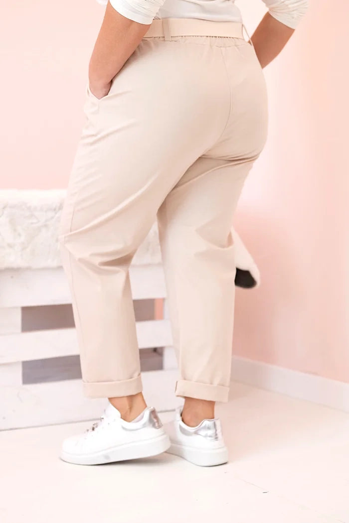 Spodnie damskie bawełniane Plus Size z paskiem jasno beżowe , , , Moda Life Polska , 33122_2 , ART52293-4