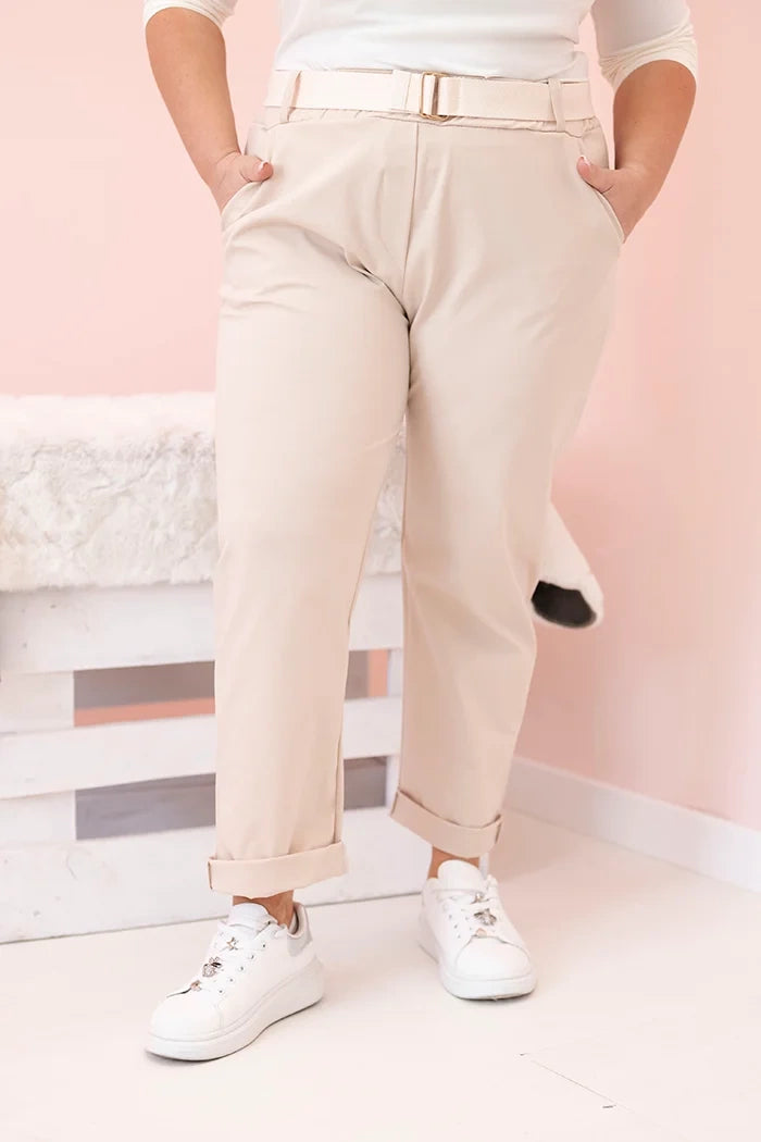 Spodnie damskie bawełniane Plus Size z paskiem jasno beżowe , , , Moda Life Polska , 33122_3 , ART52293-4