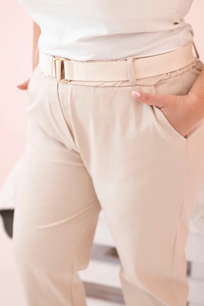Spodnie damskie bawełniane Plus Size z paskiem jasno beżowe , , , Moda Life Polska , 33122_4 , ART52293-4