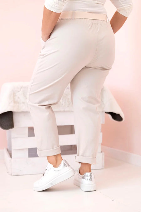 Spodnie damskie bawełniane Plus Size z paskiem , Beżowe , Spodnie , IT , 33124_2 , ART52293-4 Moda Włoska Nowości Odzież Damska plussize Spodnie wiosna Wszystkie Produkty