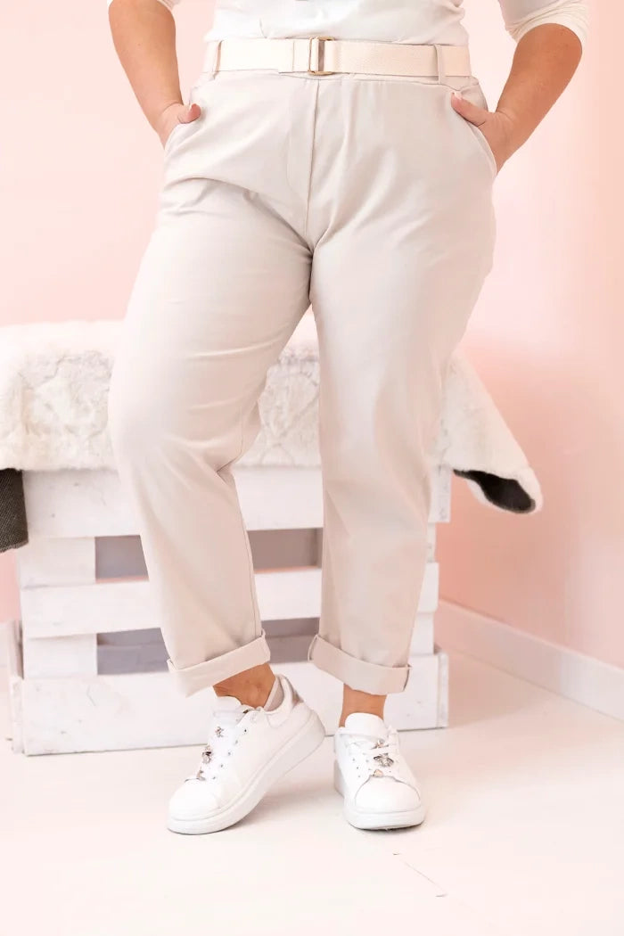 Spodnie damskie bawełniane Plus Size z paskiem , Beżowe , Spodnie , IT , 33124_3 , ART52293-4 Moda Włoska Nowości Odzież Damska plussize Spodnie wiosna Wszystkie Produkty