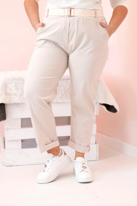 Spodnie damskie bawełniane Plus Size z paskiem , Beżowe , Spodnie , IT , 33124_3 , ART52293-4 Moda Włoska Nowości Odzież Damska plussize Spodnie wiosna Wszystkie Produkty