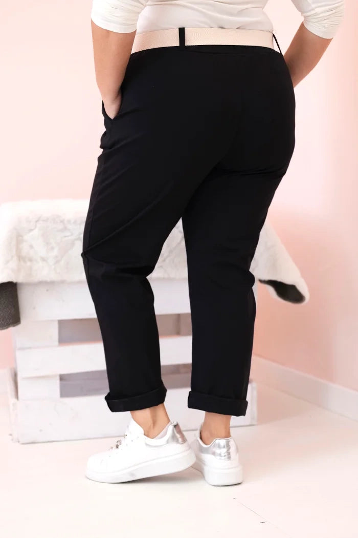 Spodnie damskie bawełniane Plus Size z paskiem czarne , , , Moda Life Polska , 33125_2 , ART52293-4