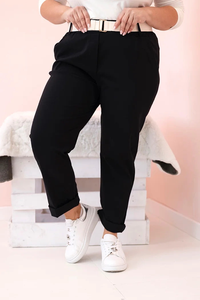 Spodnie damskie bawełniane Plus Size z paskiem czarne , , , Moda Life Polska , 33125_3 , ART52293-4