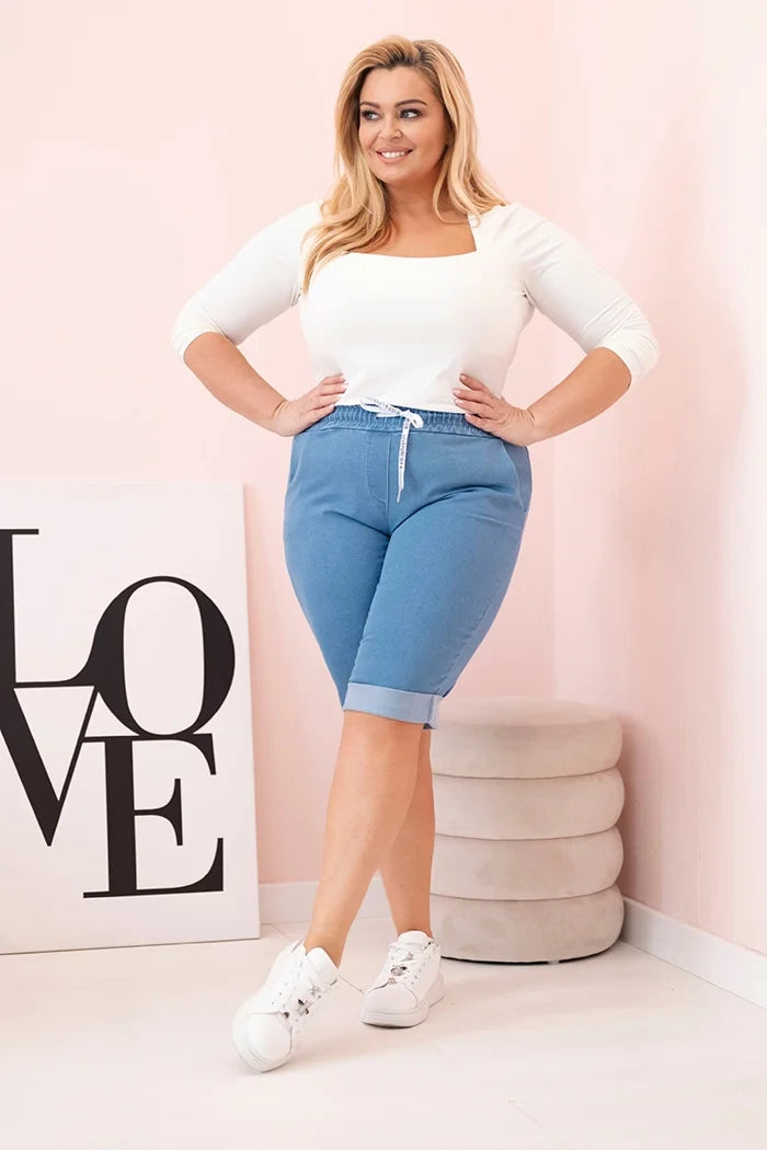 Spodenki damskie bawełniane Plus Size z wiązaniem , Jasno jeansowe , Spodenki , IT , 33126_1 , ART9016 Moda Włoska Nowości Odzież Damska plussize Spodenki wiosna Wszystkie Produkty
