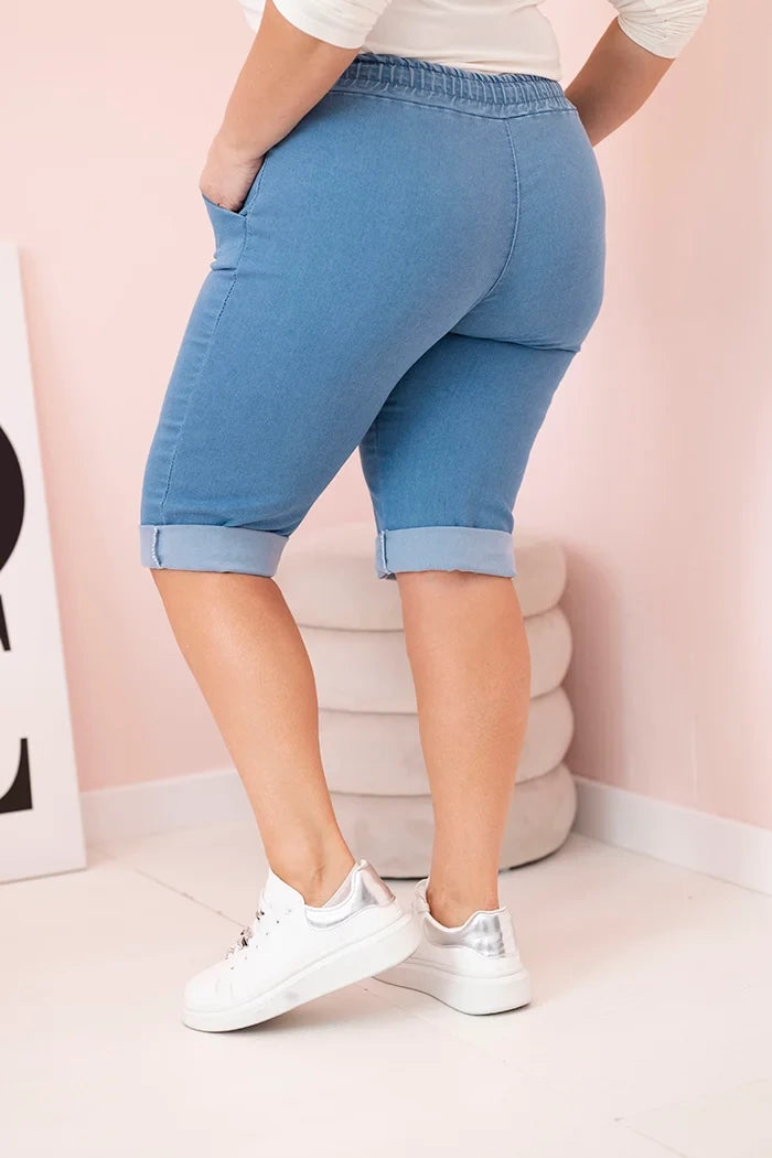 Spodenki damskie bawełniane Plus Size z wiązaniem , Jasno jeansowe , Spodenki , IT , 33126_2 , ART9016 Moda Włoska Nowości Odzież Damska plussize Spodenki wiosna Wszystkie Produkty
