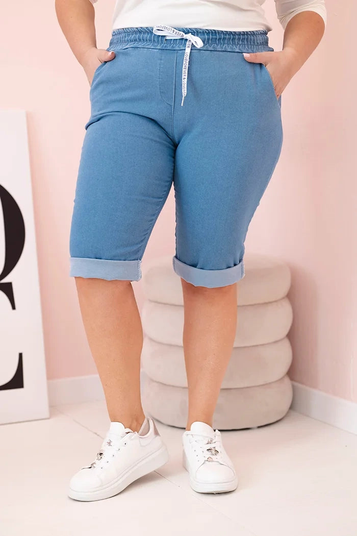 Spodenki damskie bawełniane Plus Size z wiązaniem , Jasno jeansowe , Spodenki , IT , 33126_3 , ART9016 Moda Włoska Nowości Odzież Damska plussize Spodenki wiosna Wszystkie Produkty