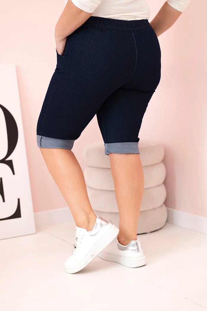 Spodenki damskie bawełniane Plus Size z wiązaniem , Ciemno jeansowe , Spodenki , IT , 33128_2 , ART9016 Moda Włoska Nowości Odzież Damska plussize Spodenki wiosna Wszystkie Produkty