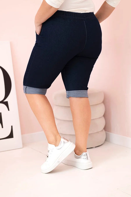 Spodenki damskie bawełniane Plus Size z wiązaniem , Ciemno jeansowe , Spodenki , IT , 33128_2 , ART9016 Moda Włoska Nowości Odzież Damska plussize Spodenki wiosna Wszystkie Produkty