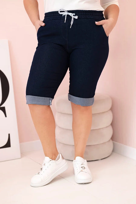 Spodenki damskie bawełniane Plus Size z wiązaniem , Ciemno jeansowe , Spodenki , IT , 33128_4 , ART9016 Moda Włoska Nowości Odzież Damska plussize Spodenki wiosna Wszystkie Produkty
