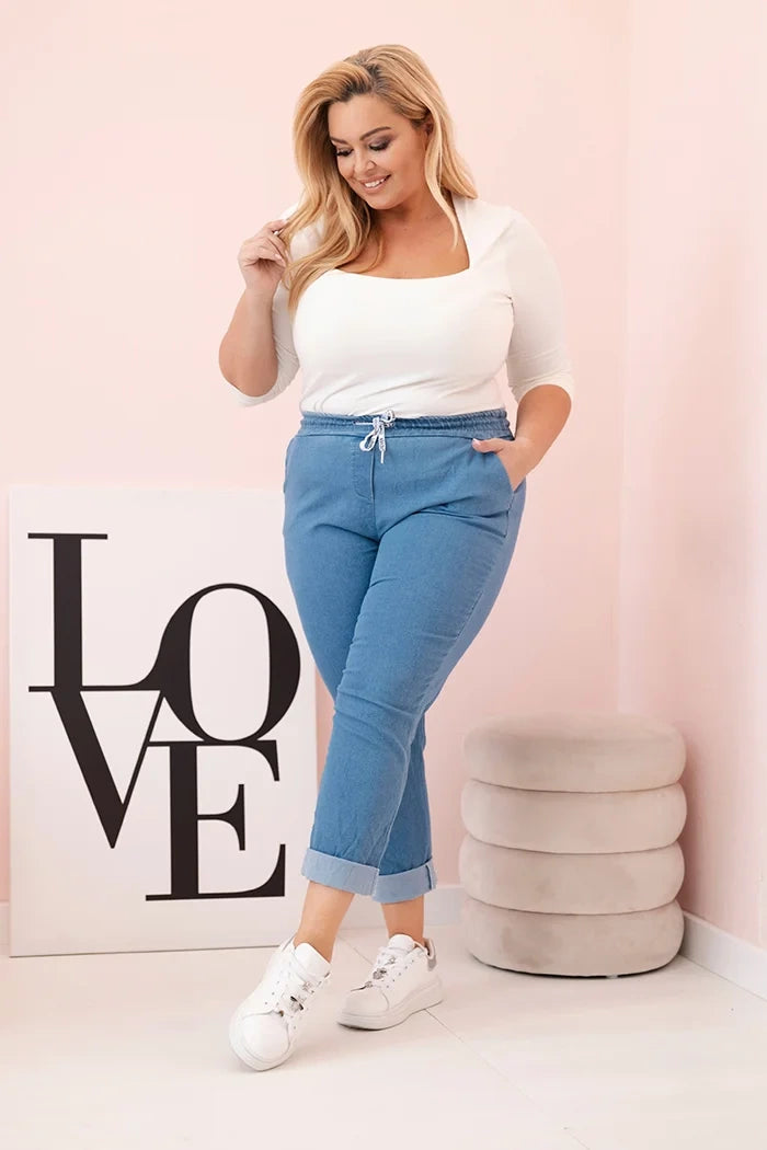 Spodnie damskie bawełniane Plus Size z elastyczną talią i wiązaniem jasno jeansowe , , , Moda Life Polska , 33129_1 , ART6015