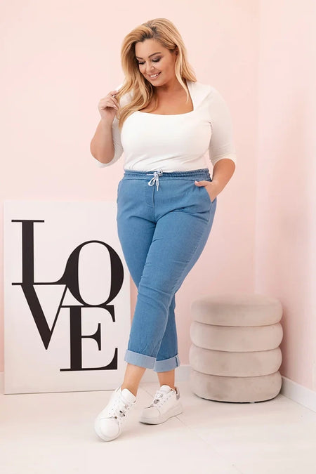 Spodnie damskie bawełniane Plus Size z elastyczną talią i wiązaniem jasno jeansowe , , , Moda Life Polska , 33129_1 , ART6015