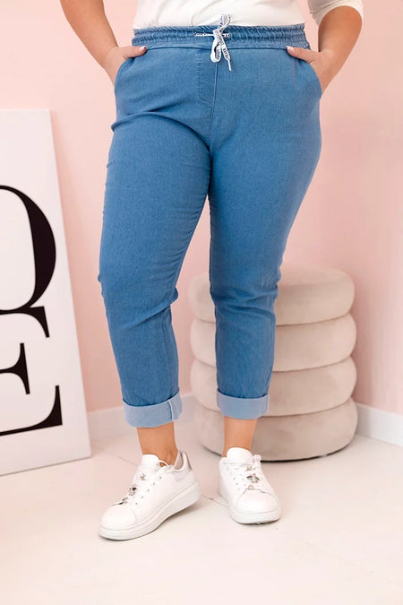 Spodnie damskie bawełniane Plus Size z elastyczną talią i wiązaniem jasno jeansowe , , , Moda Life Polska , 33129_3 , ART6015