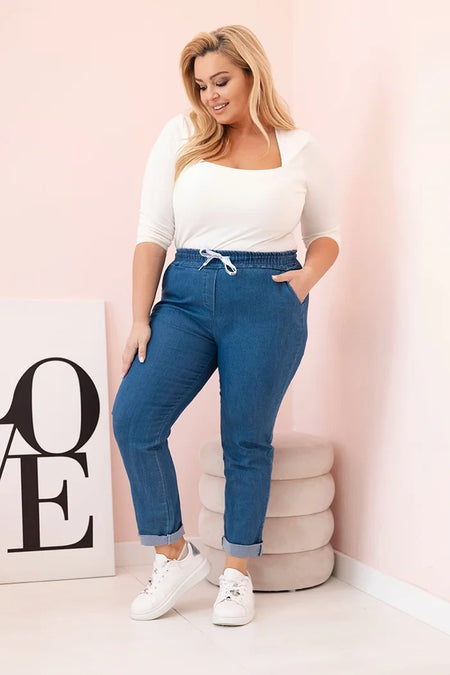 Spodnie damskie bawełniane Plus Size z elastyczną talią i wiązaniem , Ciemno jeansowe , Spodnie , IT , 33130_1 , ART6015 Moda Włoska Nowości Odzież Damska plussize Spodnie wiosna Wszystkie Produkty