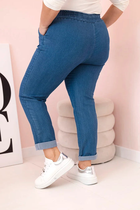 Spodnie damskie bawełniane Plus Size z elastyczną talią i wiązaniem ciemno jeansowe , , , Moda Life Polska , 33130_2 , ART6015