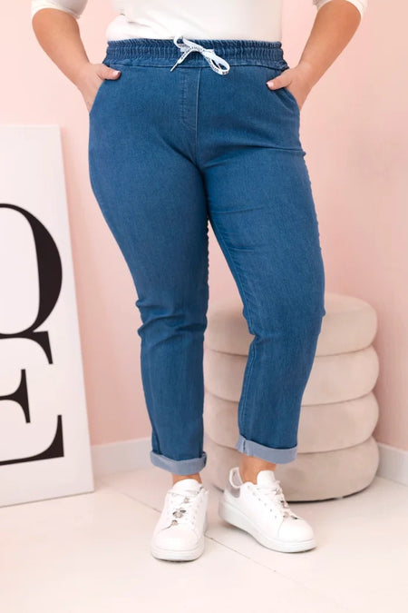 Spodnie damskie bawełniane Plus Size z elastyczną talią i wiązaniem ciemno jeansowe , , , Moda Life Polska , 33130_4 , ART6015