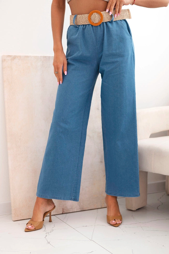Spodnie damskie bawełniane z szeroką nogawką i paskiem jasno jeansowe , , , Moda Life Polska , 33132_1 , ART59806