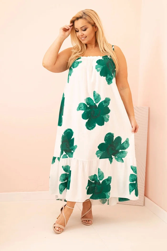 Sukienka damska na ramiączkach z falbaną i kwiatowym printem jeansowa , uniwersalny Zielona , Sukienki , Moda Life Polska , 33252_1 , 21646 Nowości Odzież Damska plussize Sukienki Wszystkie Produkty