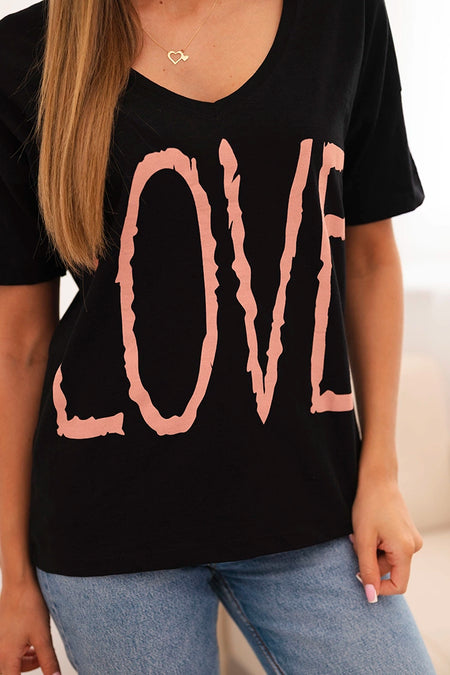 Bluzka damska bawełniana z dekoltem V i nadrukiem LOVE czarna , , , Moda Life Polska , 33801_4 , 69380