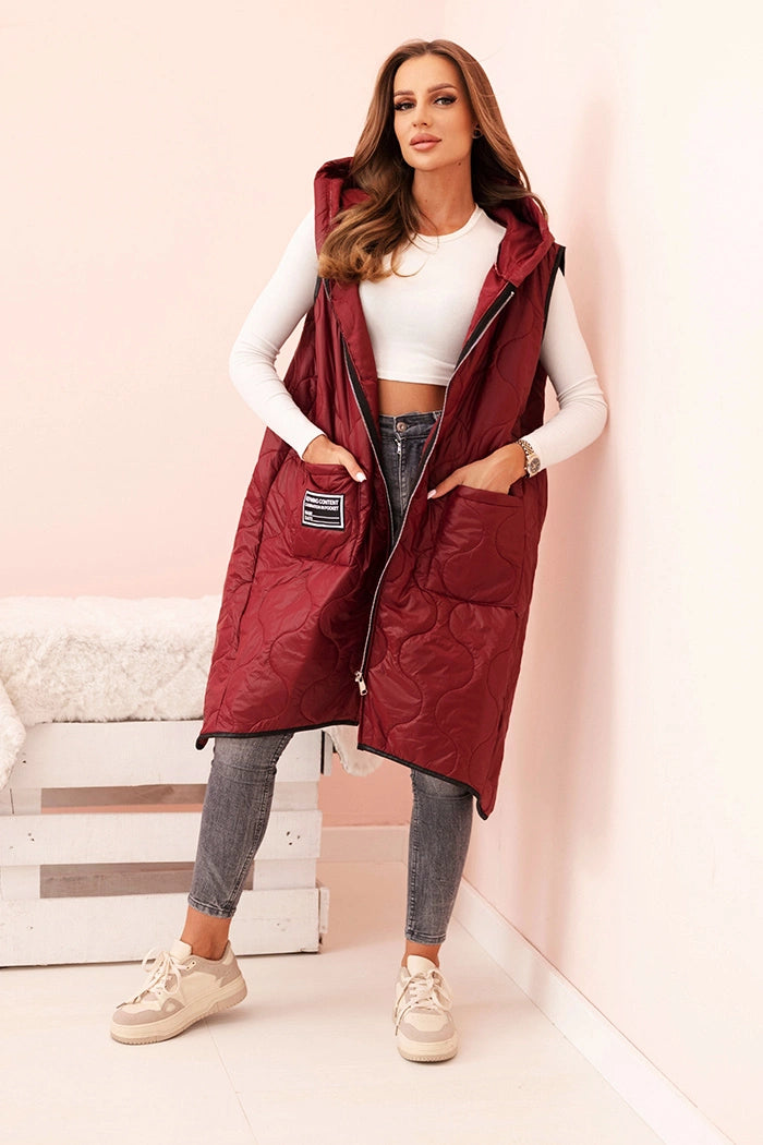 Kamizelka damska pikowana Plus Size z kapturem zapinana na zamek , Bordowa uniwersalny , Narzutki , IT , 33851_1 , 5393 Moda Włoska Narzutki Nowości Odzież Damska Wszystkie Produkty