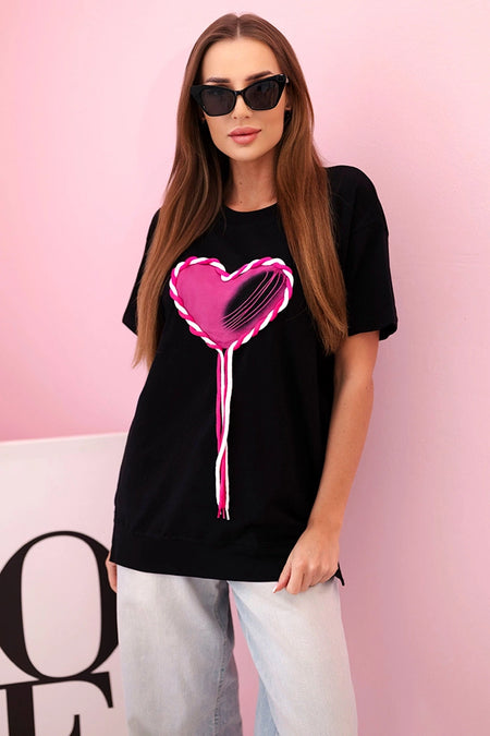 T-shirt damska oversize z sercem i frędzlami z krótkim rękawem czarna , , , Moda Life Polska , 33872_1 , 69929