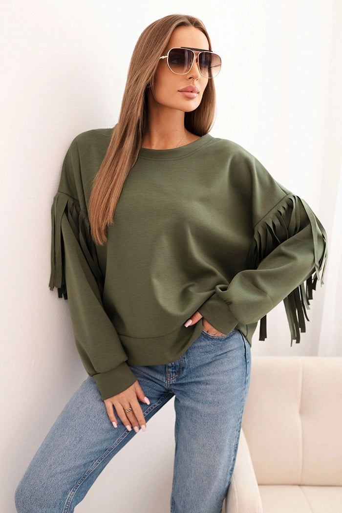 Bluza damska masełkowa z ozdobnymi rękawami , Khaki uniwersalny , Bluzy , IT , 34079_1 , ART0324 Bluzy Moda Włoska Nowości Odzież Damska Wszystkie Produkty