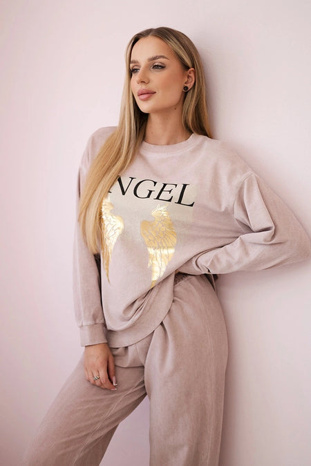 Komplet bawełniany dekatyzowany Angel bluza + spodnie , Pudrowy Róż Uniwersalny , Komplety , IT , eng_pm_Cotton-set-Angel-sweatshirt-pants-powder-pink-30058_3 , ART90041-1 Jesien Komplety Odzież Damska Wszystkie Produkty