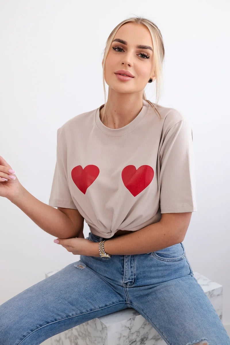 Bluzka bawełniana z nadrukiem serc , Beżowy Uniwersalny , Bluzki , TR , pol_pl_Bluzka-bawelniana-z-nadrukiem-serc-bezowa-28864_1 , 9815 Bluzki Moda Włoska Odzież Damska Rabat20 Wszystkie Produkty