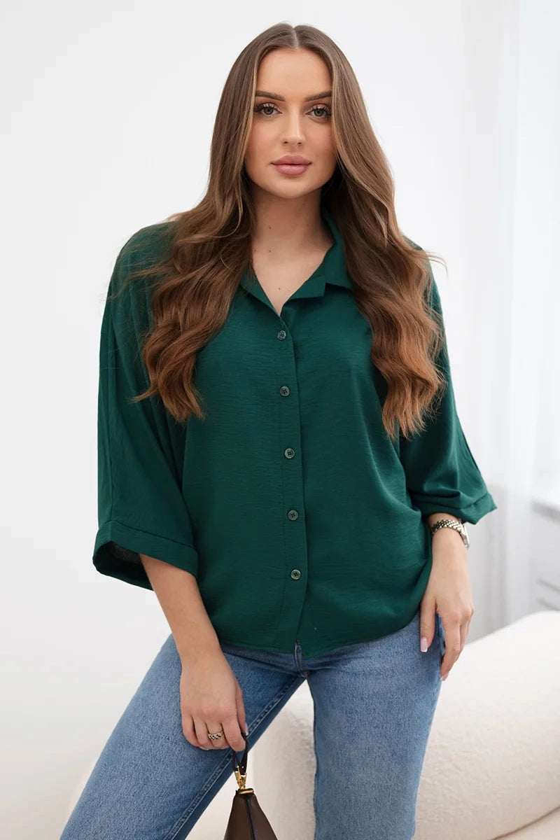 Bluzka oversize zapinana na guziki , Ciemny Zielony Uniwersalny , Bluzki , IT , pol_pl_Bluzka-oversize-zapinana-na-guziki-ciemno-zielona-28222_1 , Bluzki Discount-30-c IT-18 Jesien Moda Włoska Nowości Odzież Damska Rabat20 Wszystkie Produkty
