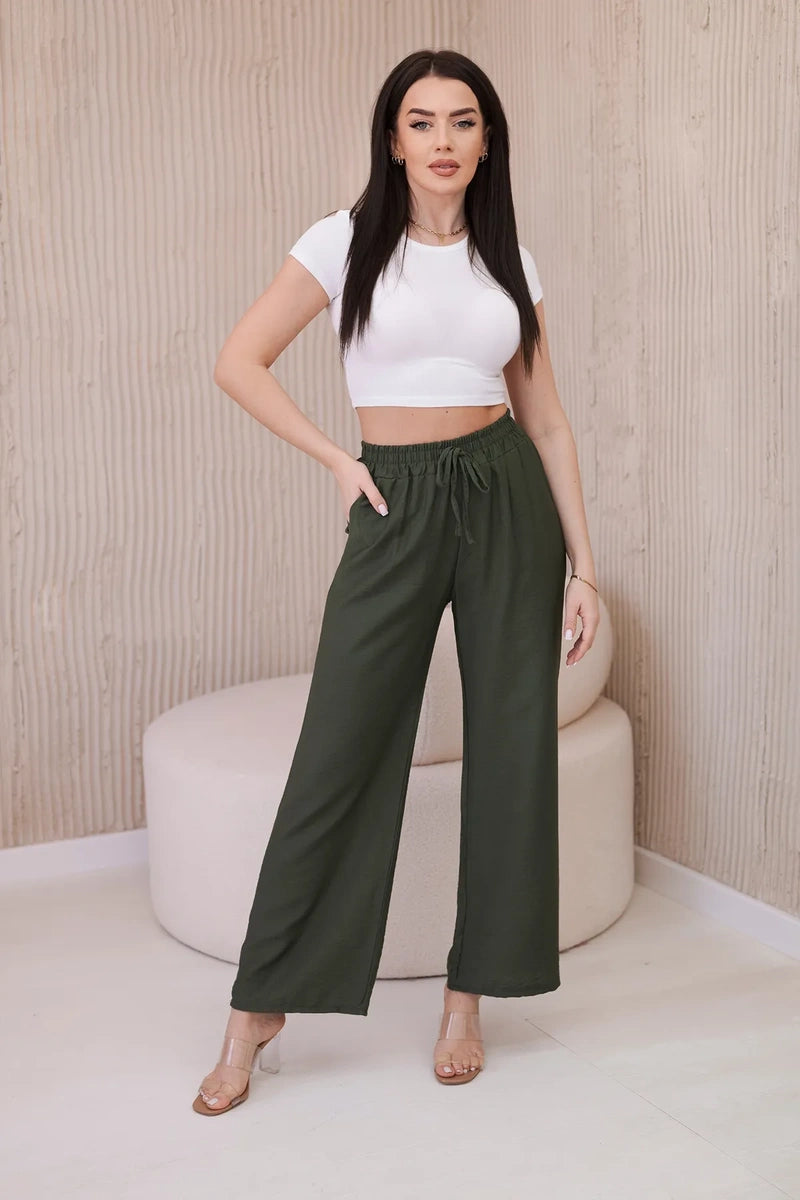 Spodnie z wiskozy z szeroką nogawką , Khaki Uniwersalny , Spodnie , IT , pol_pl_Spodnie-z-wiskozy-z-szeroka-nogawka-khaki-28418_1 , 6695R Moda Włoska Odzież Damska Rabat20 Spodnie Wszystkie Produkty