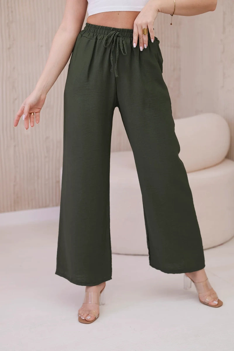 Spodnie z wiskozy z szeroką nogawką , Khaki Uniwersalny , Spodnie , IT , pol_pl_Spodnie-z-wiskozy-z-szeroka-nogawka-khaki-28418_3 , 6695R Moda Włoska Odzież Damska Rabat20 Spodnie Wszystkie Produkty