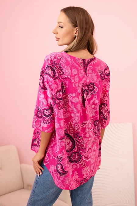 Bluzka damska bawełniana z podwijanym rękawem i wzorem paisley , Fuksja uniwersalny , Bluzki , IT , pol_pm_Bluzka-damska-bawelniana_11 , 25290 Bluzki Moda Włoska Nowości Odzież Damska Wszystkie Produkty