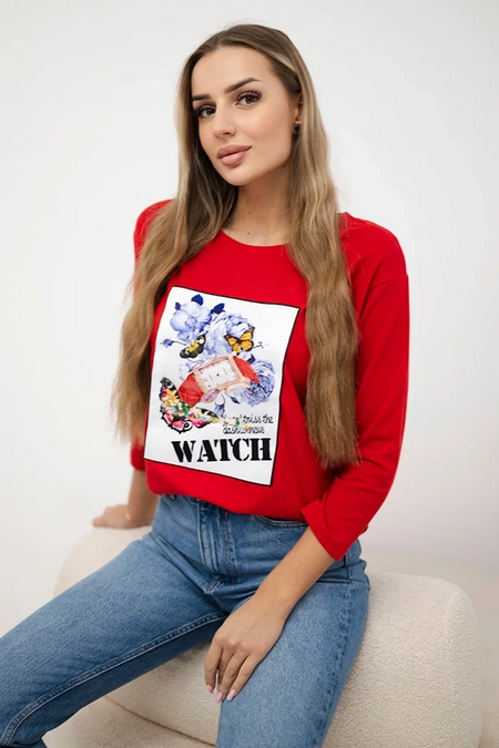 Bluzka z grafiką 3D Watch , Czerwona uniwersalny , Bluzki , TR , pol_pm_Bluzka-z-grafika-3D-Watch_4 , 66795 Bluzki Odzież Damska Promocja Wszystkie Produkty