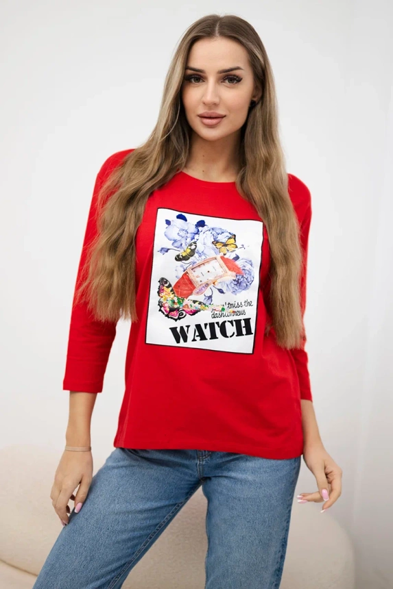 Bluzka z grafiką 3D Watch , Czerwona uniwersalny , Bluzki , TR , pol_pm_Bluzka-z-grafika-3D-Watch_5 , 66795 Bluzki Odzież Damska Promocja Wszystkie Produkty