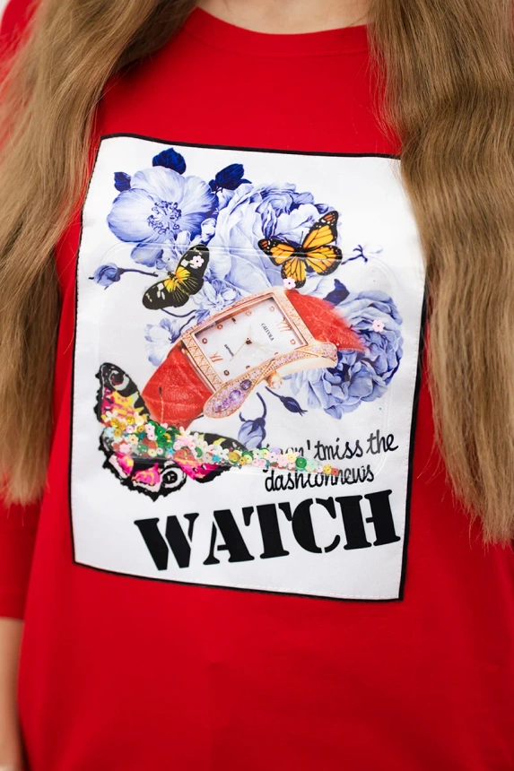 Bluzka z grafiką 3D Watch , Czerwona uniwersalny , Bluzki , TR , pol_pm_Bluzka-z-grafika-3D-Watch_7 , 66795 Bluzki Odzież Damska Promocja Wszystkie Produkty