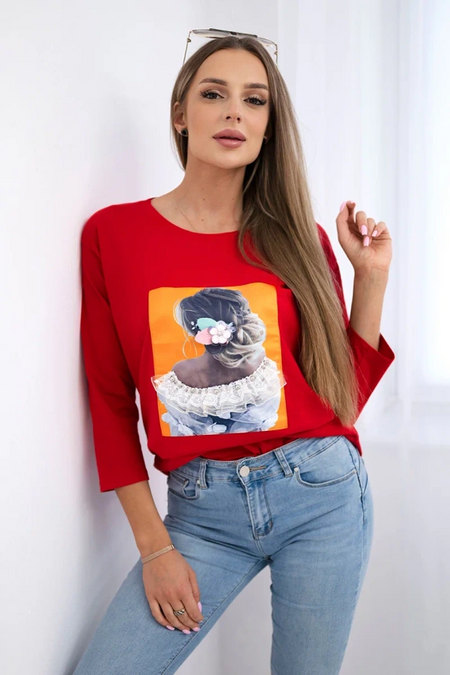Bluzka z grafiką 3D, koronka , Czerwona uniwersalny , Bluzki , TR , pol_pm_Bluzka-z-grafika-3D-koron_4 , 66799 Bluzki Odzież Damska Promocja Wszystkie Produkty