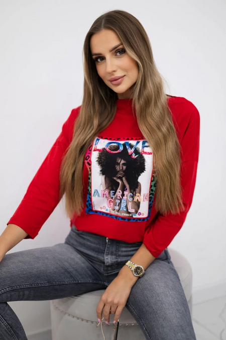Bluzka z grafiką American Girl S/M - L/XL , Czerwona , Bluzki , TR , pol_pm_Bluzka-z-grafika-American , 0086 Bluzki Odzież Damska Promocja Wszystkie Produkty