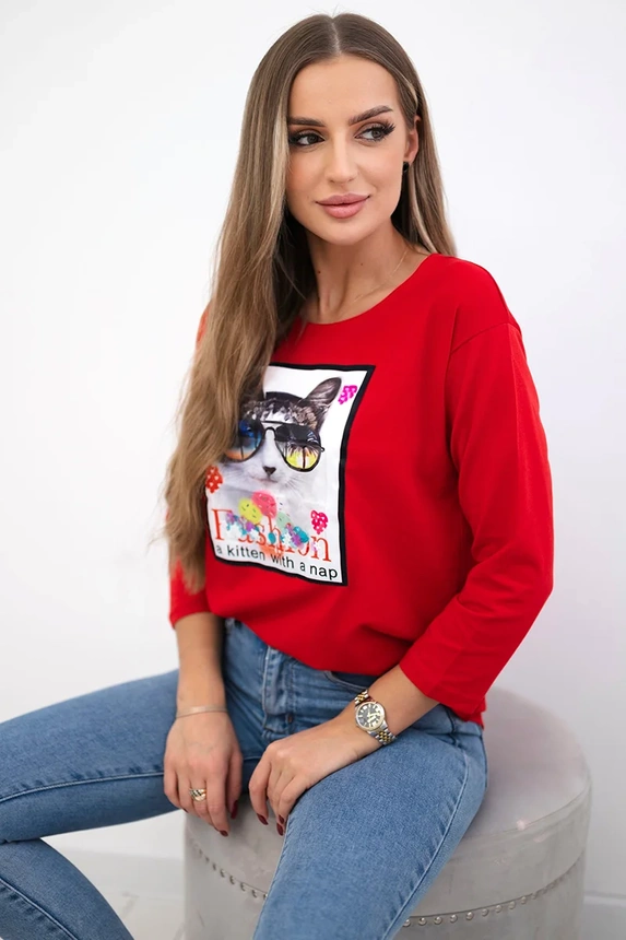 Bluzka z grafiką kota 3D , Czerwona uniwersalny , Bluzki , TR , pol_pm_Bluzka-z-grafika-kota-3D_4 , 66805 Bluzki Odzież Damska Promocja Wszystkie Produkty