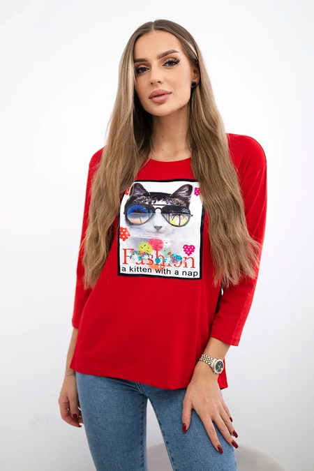 Bluzka z grafiką kota 3D , Czerwona uniwersalny , Bluzki , TR , pol_pm_Bluzka-z-grafika-kota-3D_5 , 66805 Bluzki Odzież Damska Promocja Wszystkie Produkty