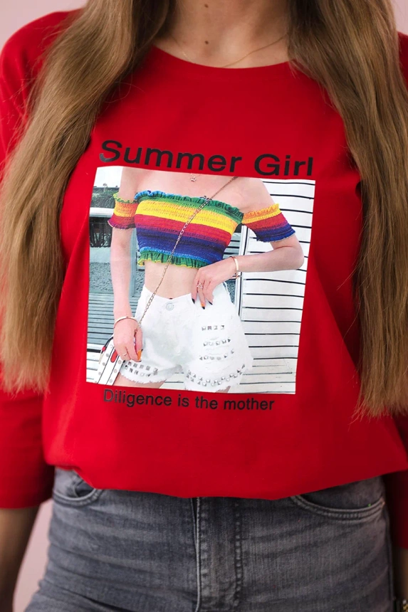 Bluzka z nadrukiem Summer Girl , czerwona uniwersalny , Bluzki , TR , pol_pm_Bluzka-z-nadrukiem-Summer_3 , 66787 Bluzki Odzież Damska Promocja Wszystkie Produkty
