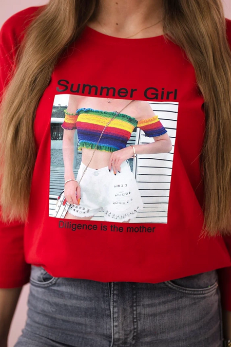 Bluzka z nadrukiem Summer Girl , czerwona uniwersalny , Bluzki , TR , pol_pm_Bluzka-z-nadrukiem-Summer_3 , 66787 Bluzki Odzież Damska Promocja Wszystkie Produkty